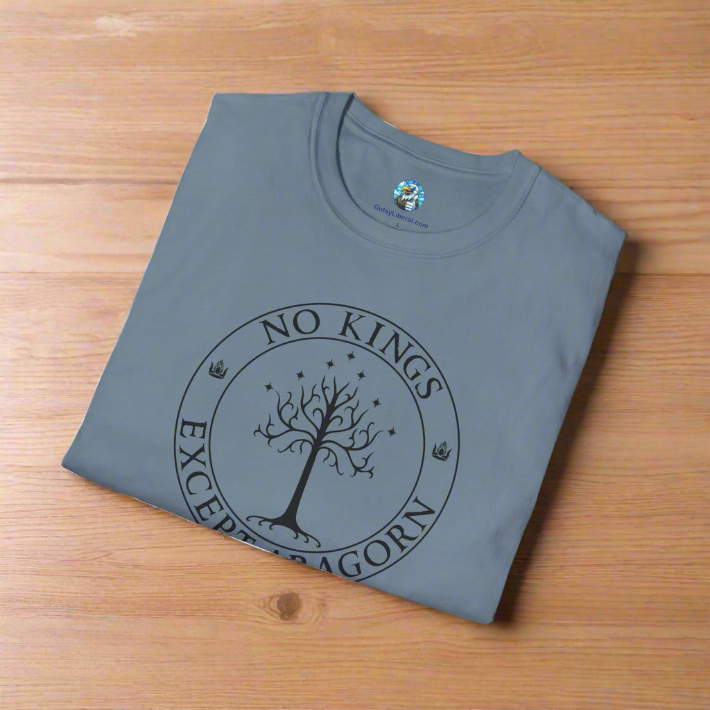 A slate blue t-shirt with text that says "No kings except Aragorn" and a graphic of a tree with seven stars above it and two crowns of the king of Gondor.
