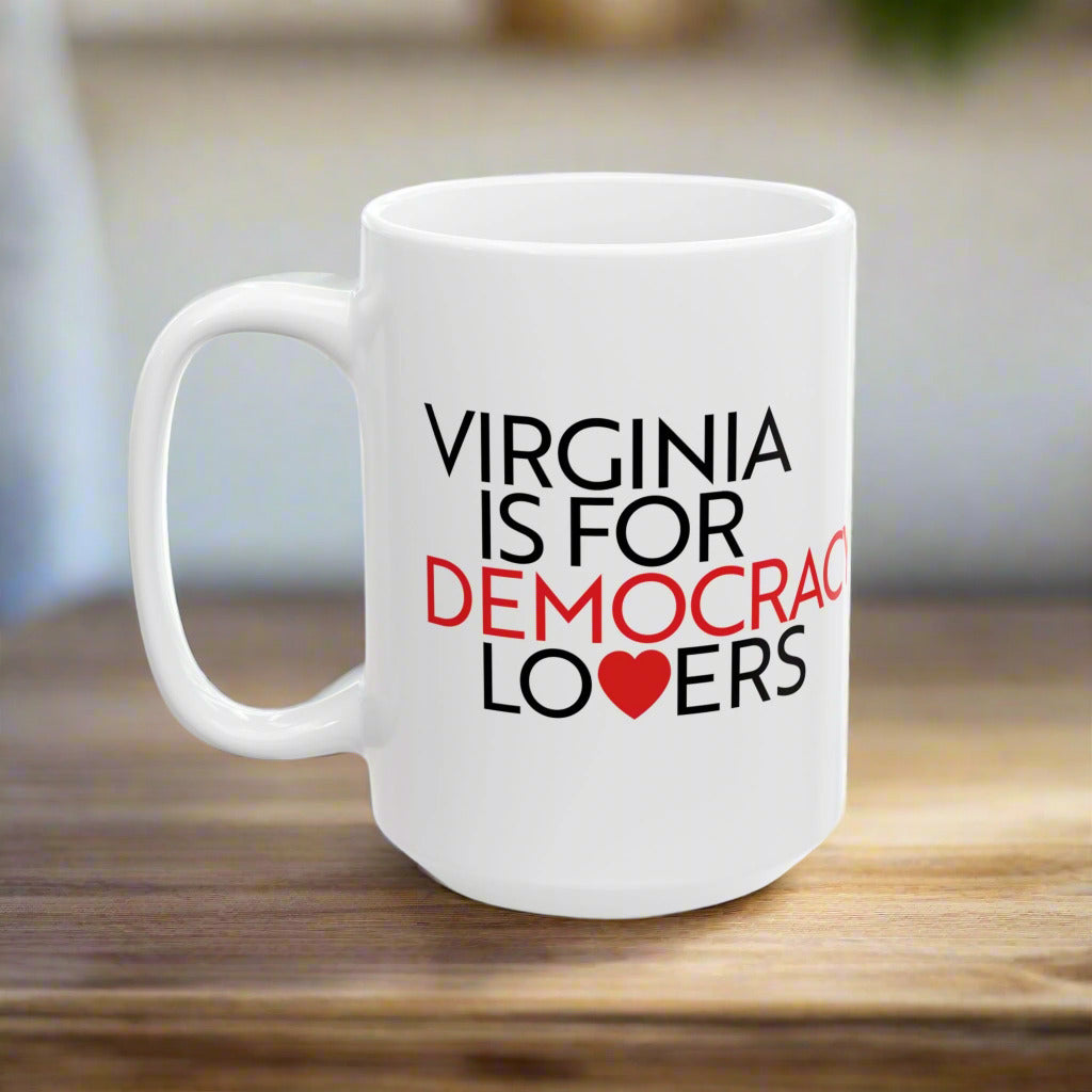 White mug with 'Virginia is for Democrat Lovers' text on a white background