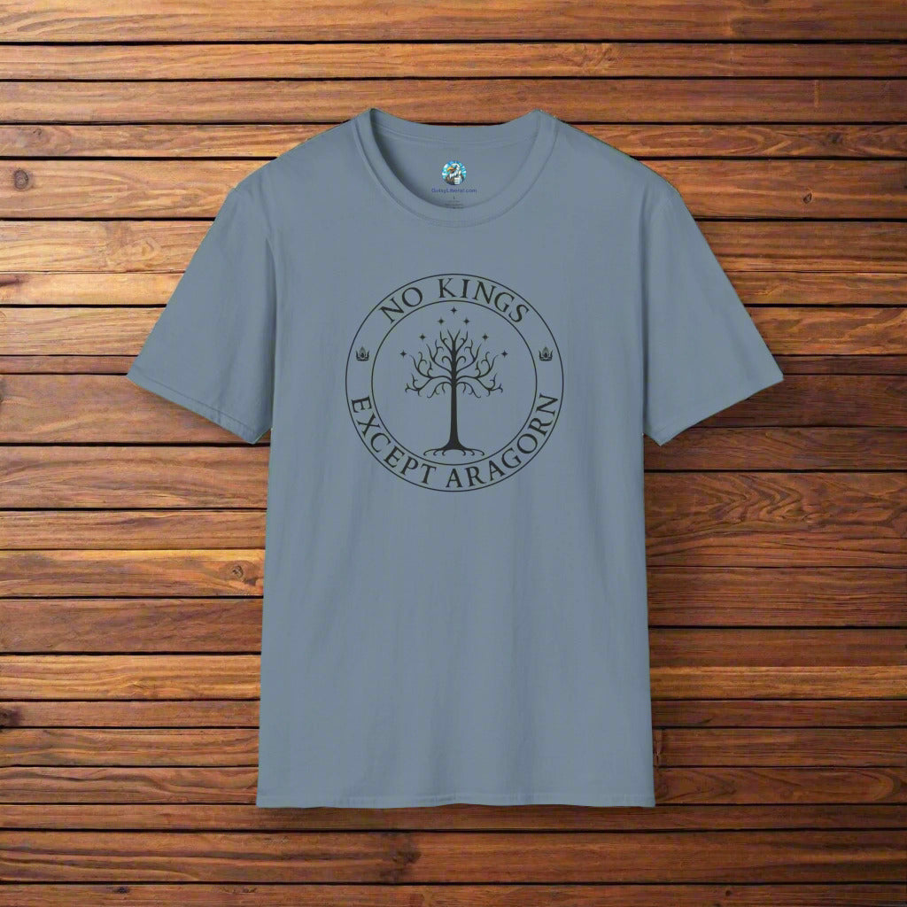 A slate blue t-shirt with text that says "No kings except Aragorn" and a graphic of a tree with seven stars above it and two crowns of the king of Gondor.