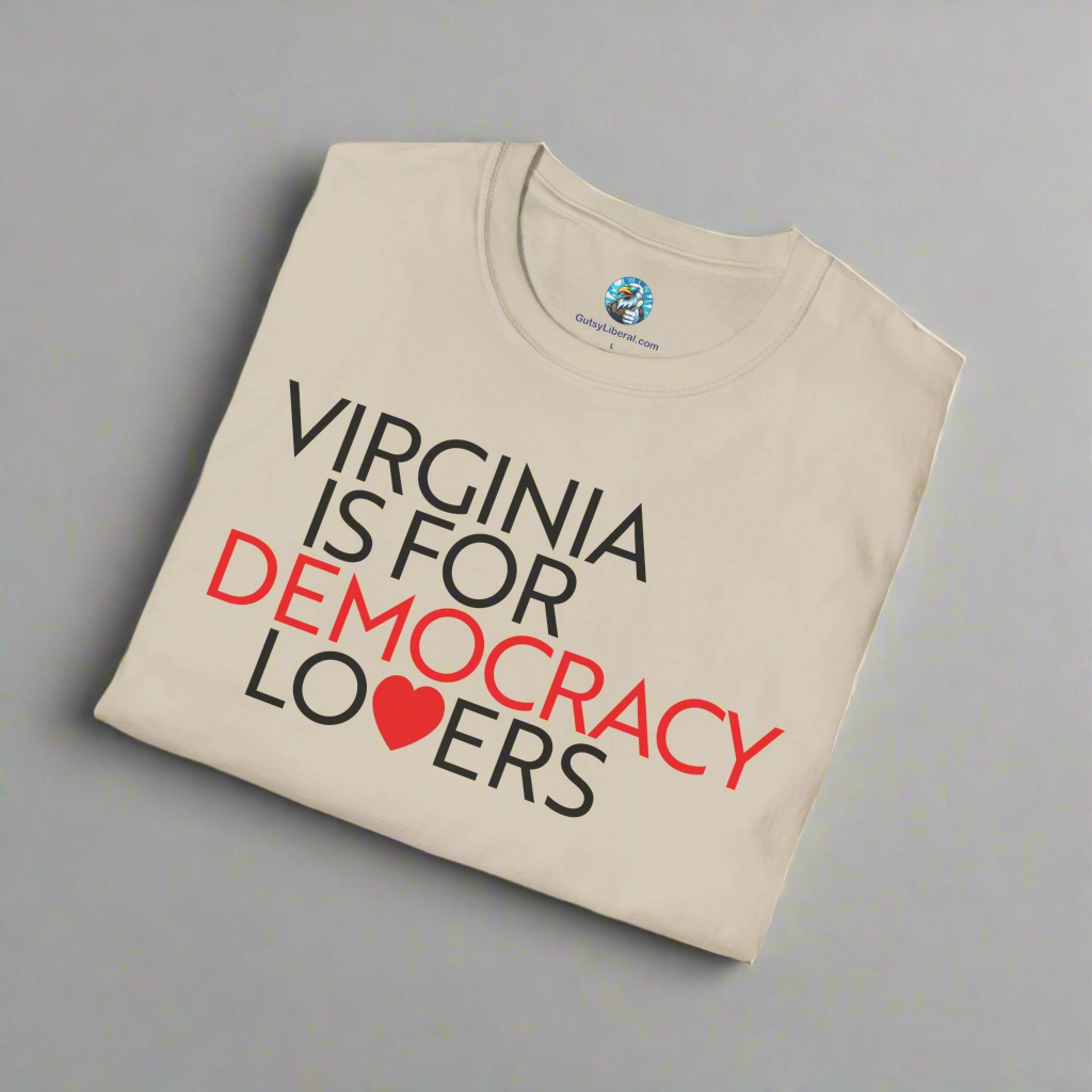 Beige t-shirt with 'Virginia is for Democracy Lovers' text on a white background