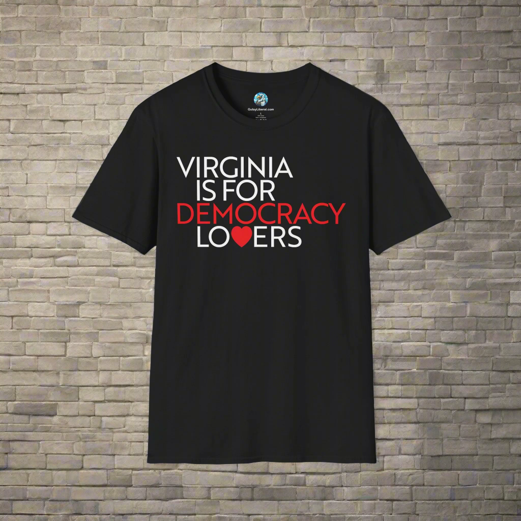 Black t-shirt with 'Virginia is for Democracy Lovers' text on a white background