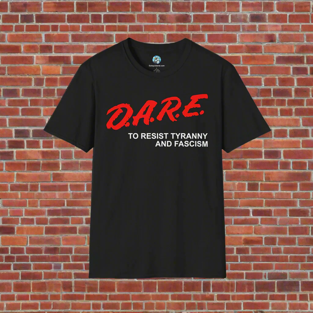 Black t-shirt with red and white text on a white background