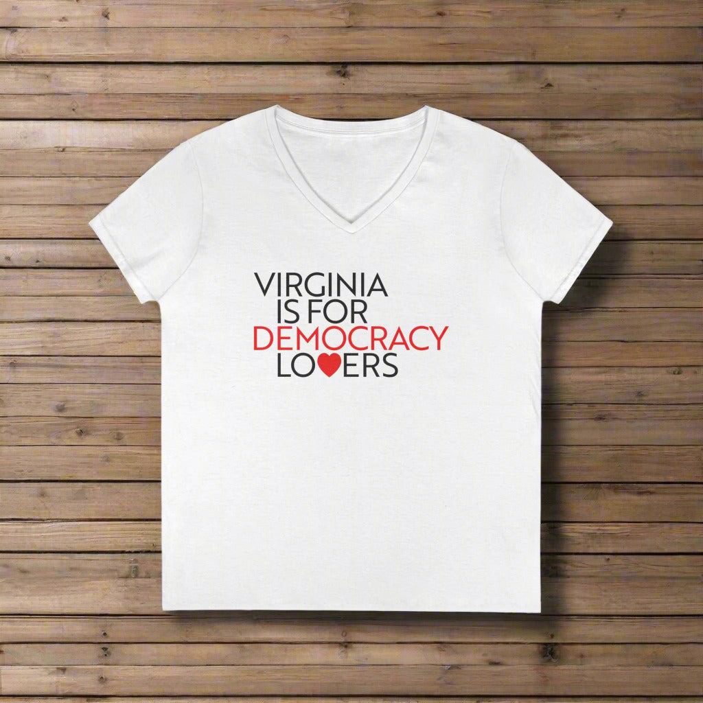 White t-shirt with 'Virginia is for Democracy Lovers' text on a white background