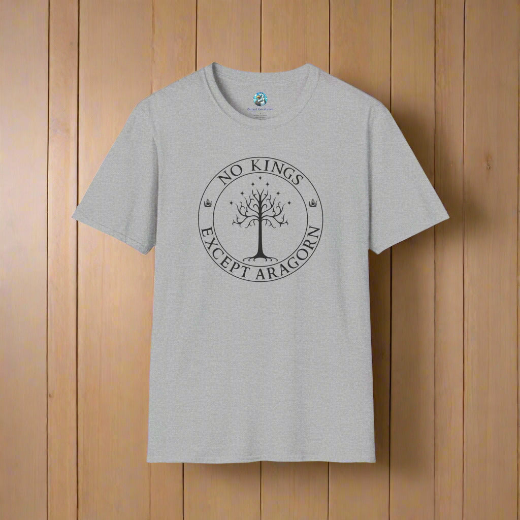 A gray t-shirt with text that says "No kings except Aragorn" and a graphic of a tree with seven stars above it and two crowns of the king of Gondor.