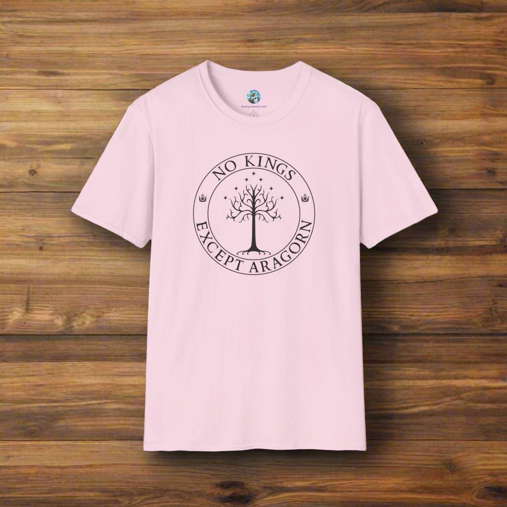 A pink t-shirt with text that says "No kings except Aragorn" and a graphic of a tree with seven stars above it and two crowns of the king of Gondor.