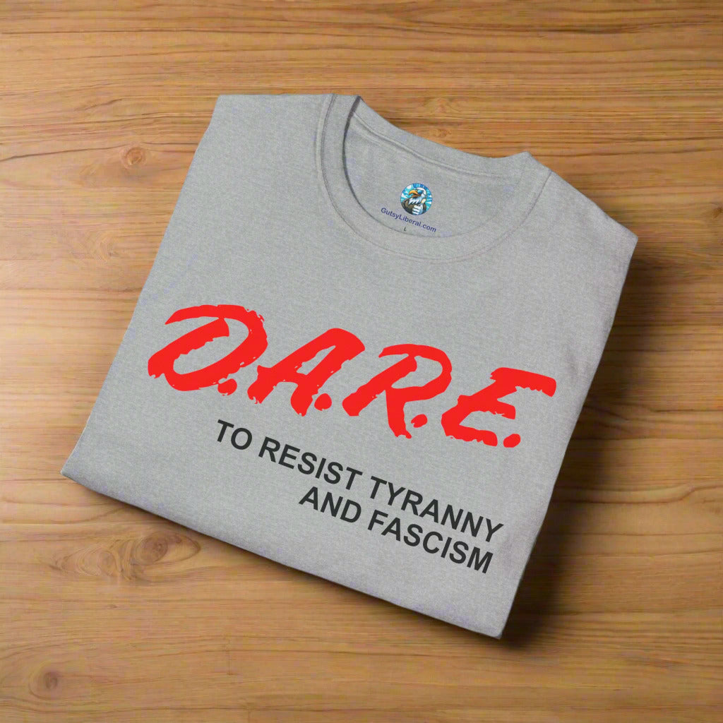 Folded gray t-shirt with red and black text on a white background