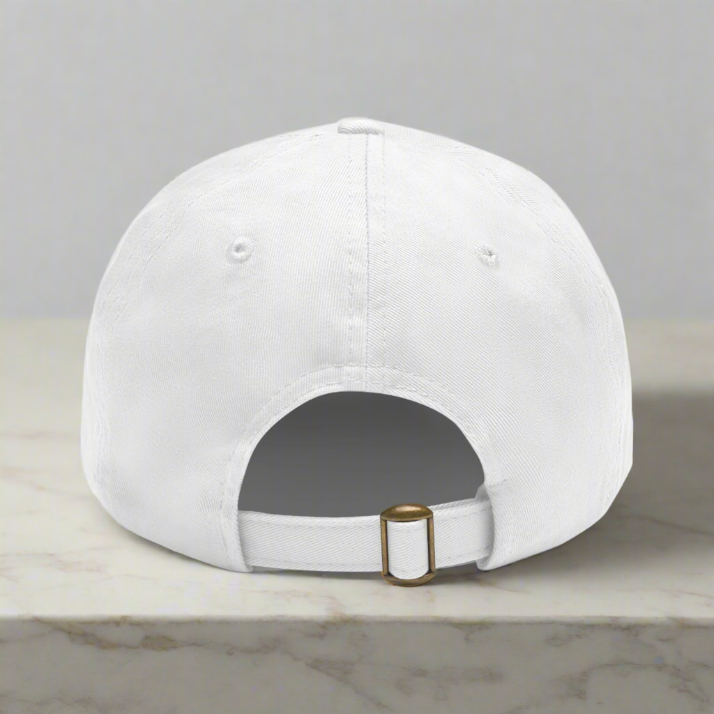White baseball cap with a gold buckle on a white background