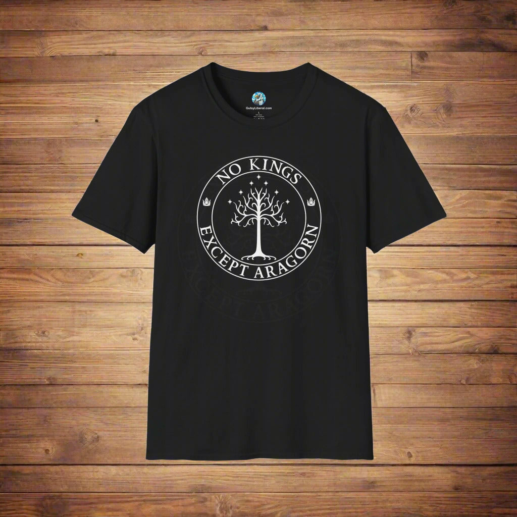 A black t-shirt with text that says "No kings except Aragorn" and a graphic of a tree with seven stars above it and two crowns of the king of Gondor.