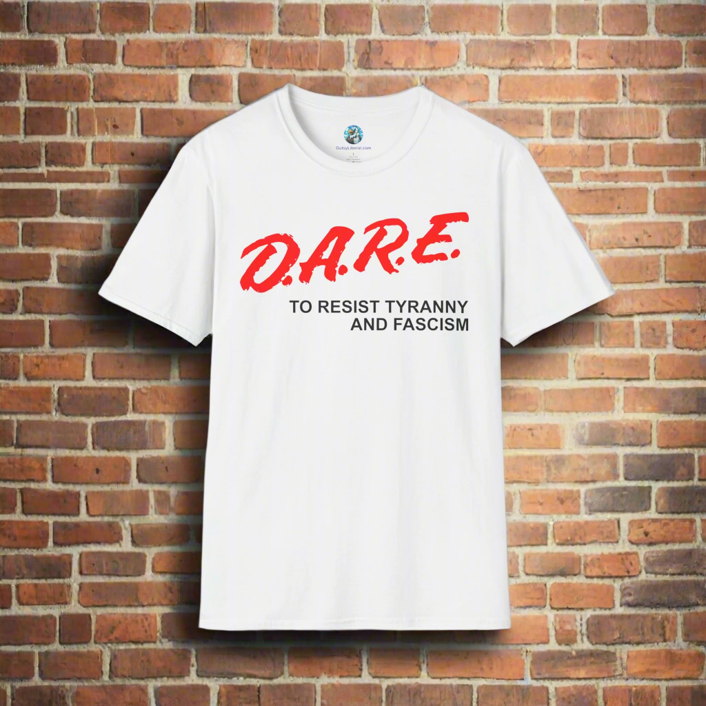 White t-shirt with red and black text on a white background