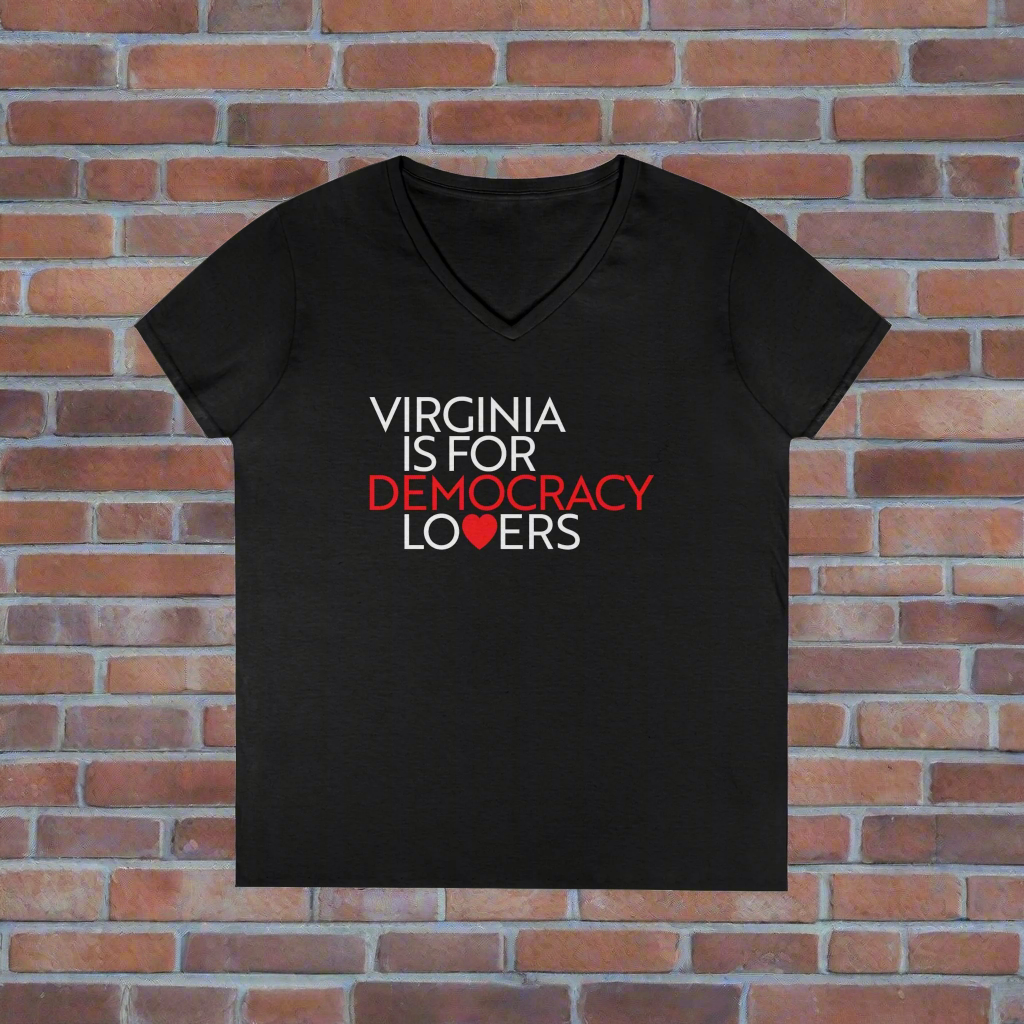 Black t-shirt with 'Virginia is for Democracy Lovers' text on a white background