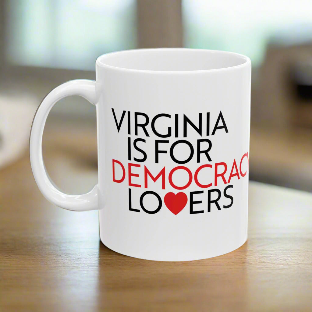 White mug with 'Virginia is for Democracy Lovers' text on a white background