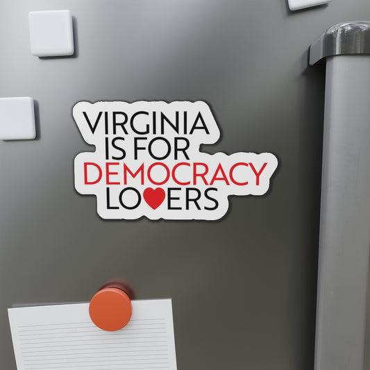 Magnet on a refrigerator with 'Virginia is for Democracy Lovers' text