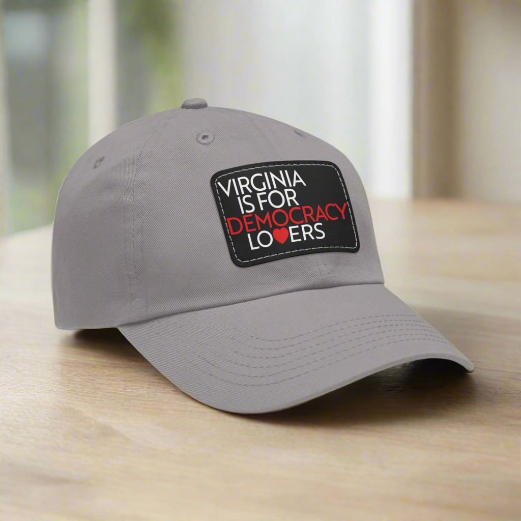 Gray cap with a patch reading 'Virginia is for Democracy Lovers' on a white background