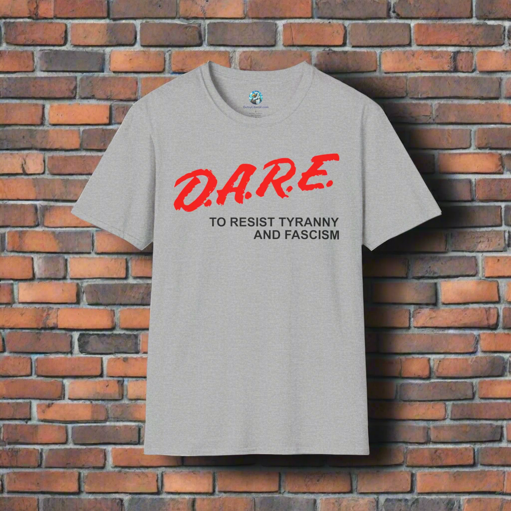 Gray t-shirt with red and black text on a white background