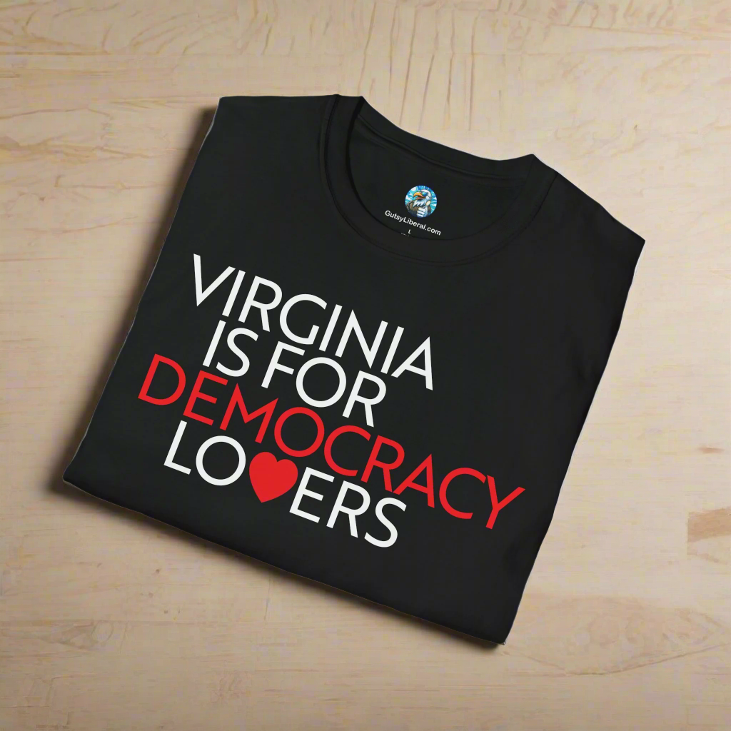Black t-shirt with 'Virginia is for Democracy Lovers' text on a white background