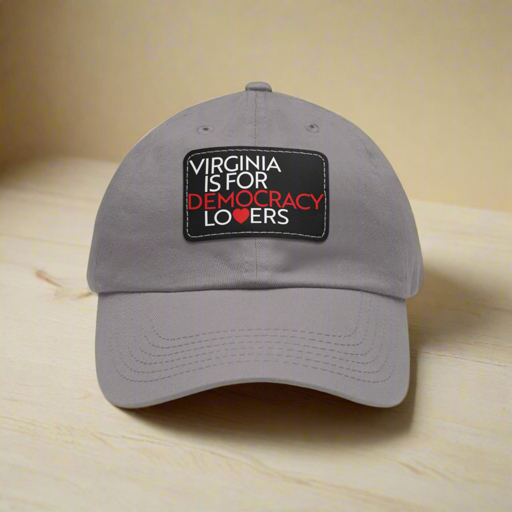 Gray cap with a black patch reading 'Virginia is for Democracy Lovers' on a white background