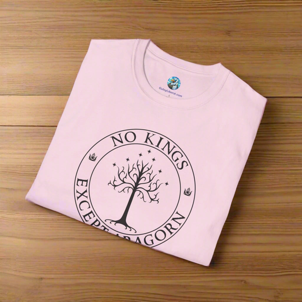 A pink t-shirt with text that says "No kings except Aragorn" and a graphic of a tree with seven stars above it and two crowns of the king of Gondor.