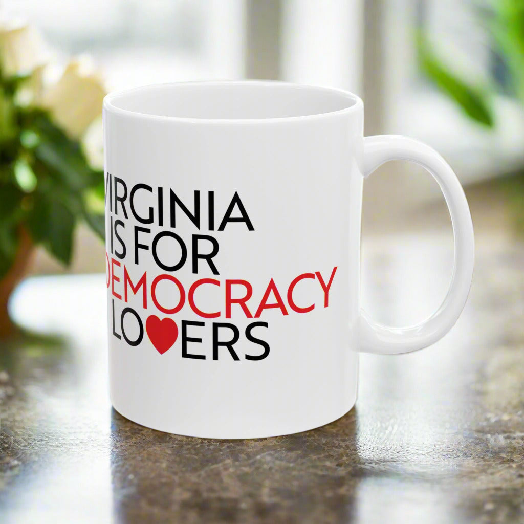 White mug with text 'Virginia is for Democracy Lovers' on a white background