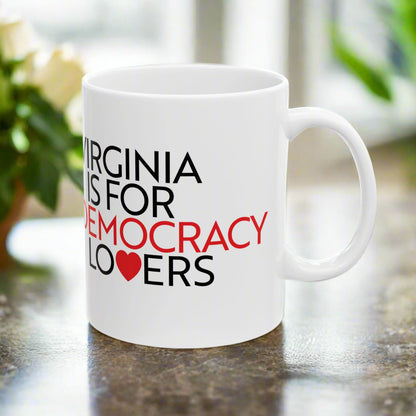 White mug with text 'Virginia is for Democracy Lovers' on a white background