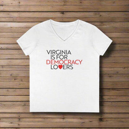 White t-shirt with 'Virginia is for Democracy Lovers' text on a white background