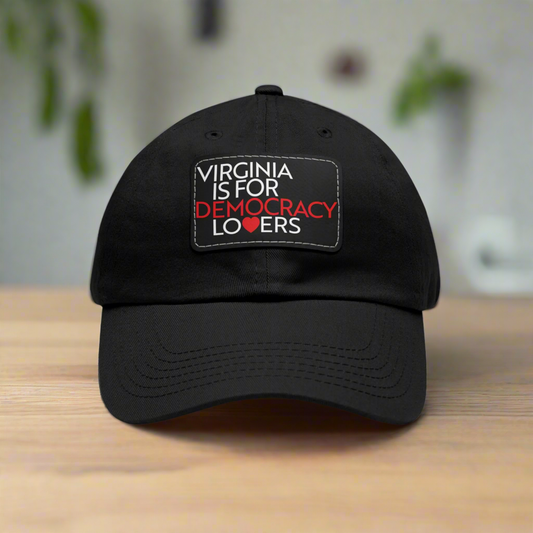 Black cap with 'Virginia is for Democracy Lovers' text on a white background