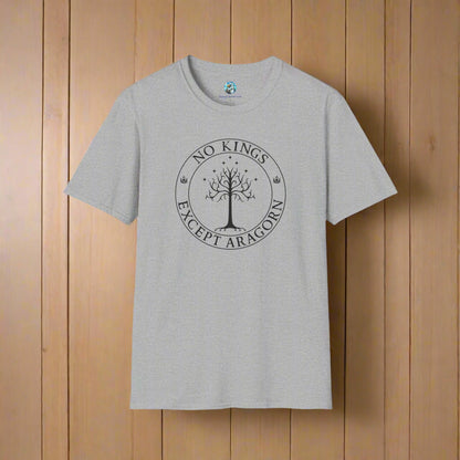 A gray t-shirt with text that says "No kings except Aragorn" and a graphic of a tree with seven stars above it and two crowns of the king of Gondor.