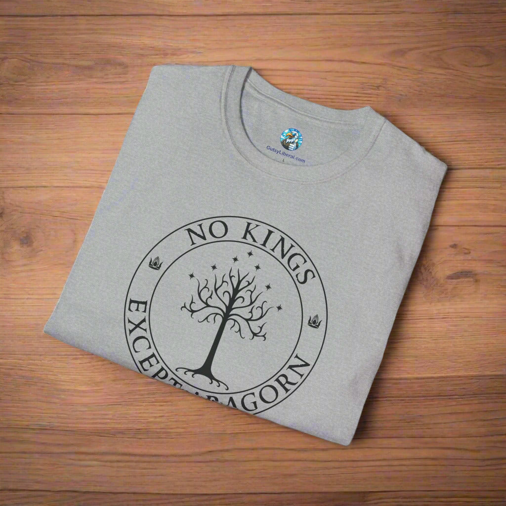 A gray t-shirt with text that says "No kings except Aragorn" and a graphic of a tree with seven stars above it and two crowns of the king of Gondor.