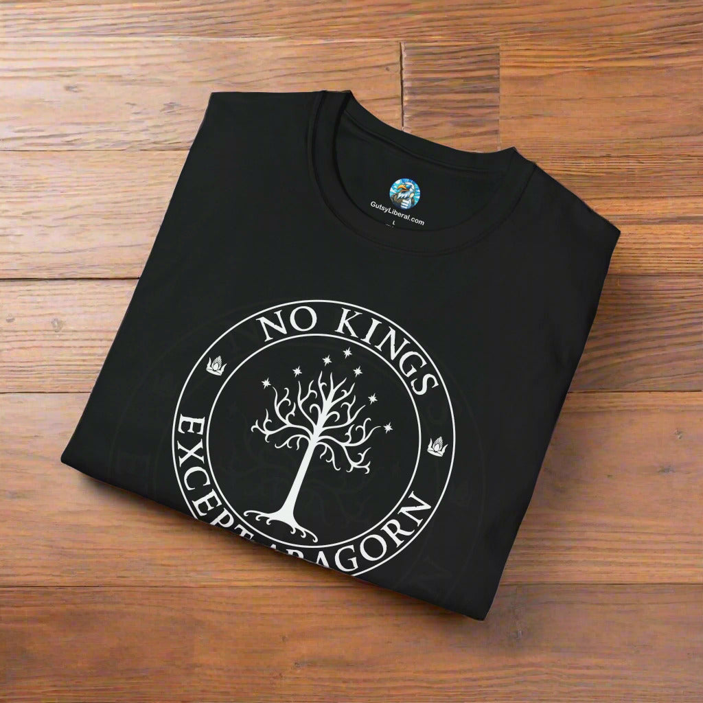 A black t-shirt with text that says "No kings except Aragorn" and a graphic of a tree with seven stars above it and two crowns of the king of Gondor.