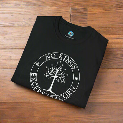 A black t-shirt with text that says "No kings except Aragorn" and a graphic of a tree with seven stars above it and two crowns of the king of Gondor.