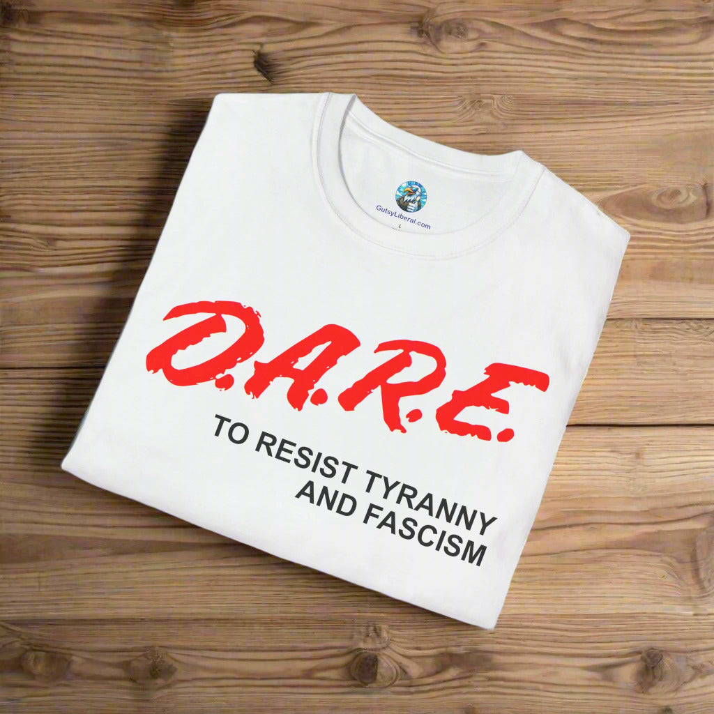 White t-shirt with red and black text on a white background
