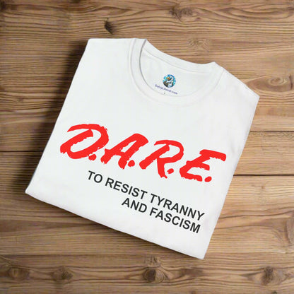 White t-shirt with red and black text on a white background