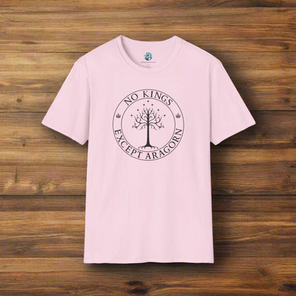 A pink t-shirt with text that says "No kings except Aragorn" and a graphic of a tree with seven stars above it and two crowns of the king of Gondor.