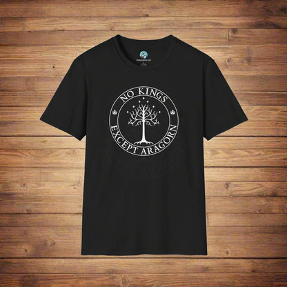 A black t-shirt with text that says "No kings except Aragorn" and a graphic of a tree with seven stars above it and two crowns of the king of Gondor.