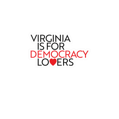 Text 'Virginia is for Democracy Lovers' with a heart symbol on a white background