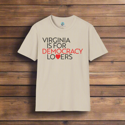 Beige t-shirt with 'Virginia is for Democracy Lovers' text on a white background