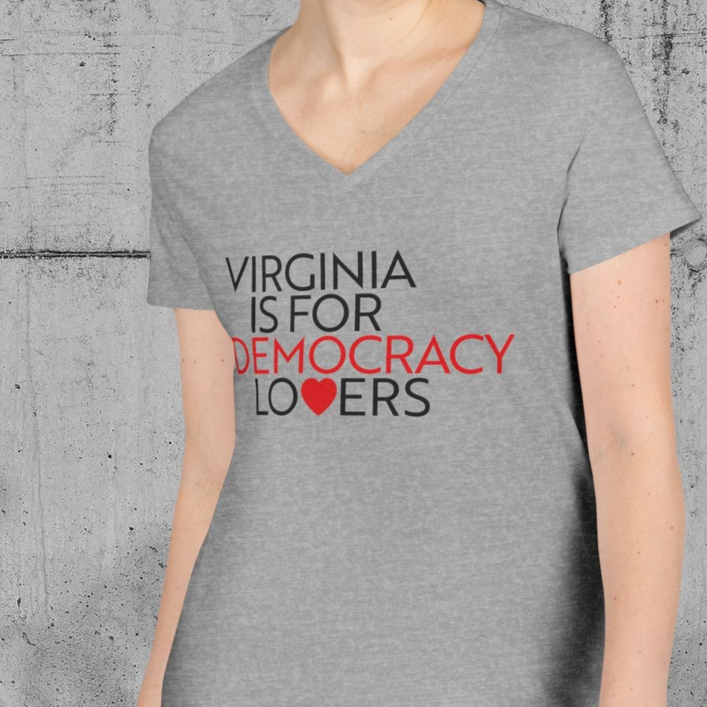 Gray t-shirt with 'Virginia is for Democracy Lovers' text on a concrete background