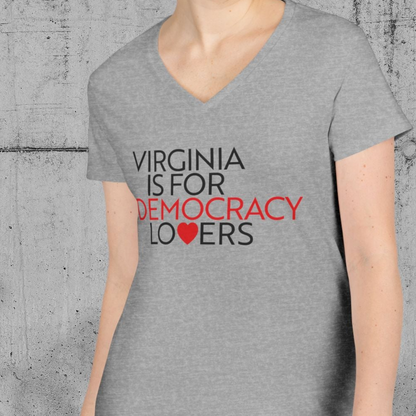 Gray t-shirt with 'Virginia is for Democracy Lovers' text on a concrete background