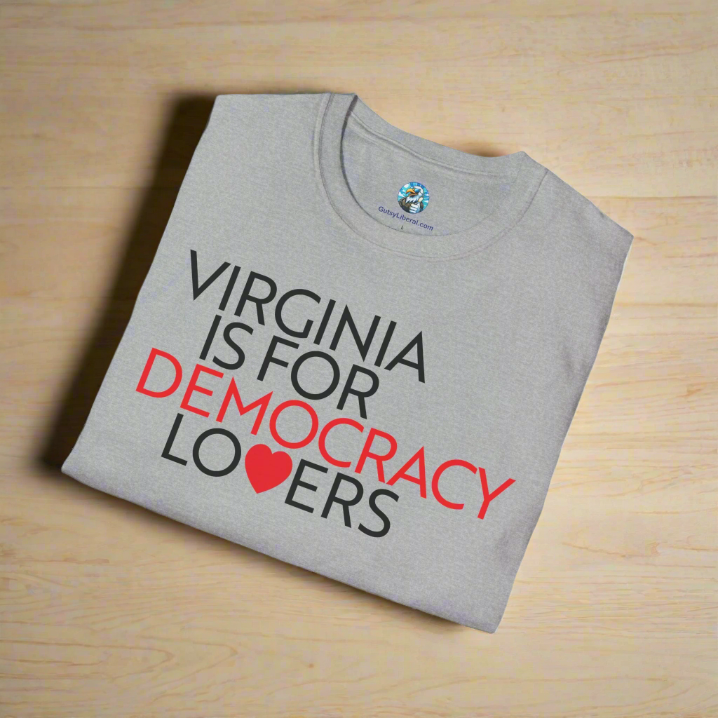 Folded gray t-shirt with 'Virginia is for Democracy Lovers' text on a white background