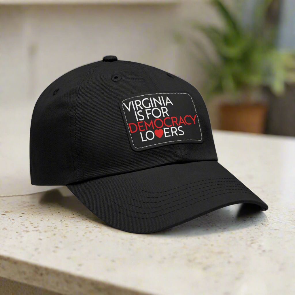 Black cap with 'Virginia is for Democracy Lovers' text on a white background